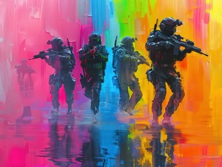 Surreal visualization of cyber soldiers elite futuristic special force aesthetic battlefield rainbow sky abstract oil painting texture