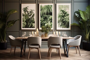 Fototapeta premium Green Plant Posters for Modern Dining Rooms: Tropical Grey Wall Art Ideas