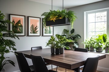 Tropical Plant Decor: Stylish Dining Room with Modern Apartment, Sleek Design, and Hanging Plants