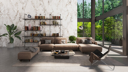 Large luxury modern bright interiors Living room mockup illustration 3D rendering image