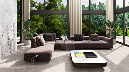 Large luxury modern bright interiors Living room mockup illustration 3D rendering image