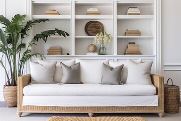 Coastal Velvet Upholstered Sofa: White Shelving & Rattan Accents Inspirations