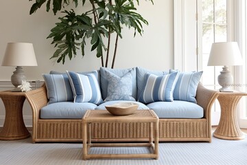 Blue Coastal Velvet Upholstered Sofa Inspirations with Rattan Furniture Accents