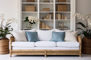 Coastal Velvet Upholstered Sofa Inspirations with White Shelving and Rattan Accents