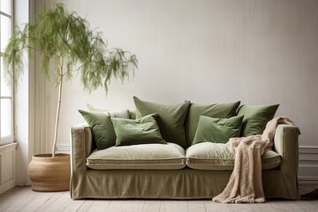 Fototapeta na wymiar Nordic Greenery: Velvet Upholstered Sofa Inspirations with White Walls