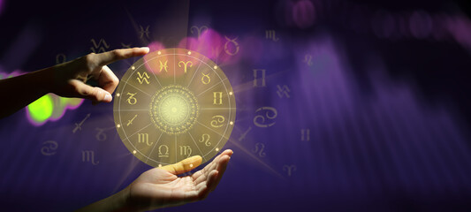 Human predicts the future. Zodiac sign wheel of fortune hologram with mandala inside. The Milky way...