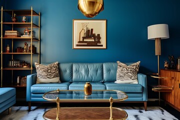 Vintage Brass Lighting Fixtures: Elegant Blue Walls with Mid-Century Gold Decor