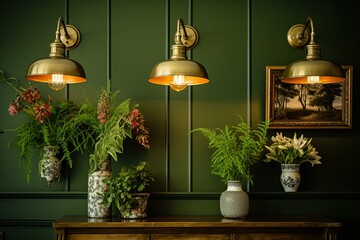 Vintage Brass Lighting Fixtures, Green Walls, Plant Decor, and Mid-Century Furniture Harmony