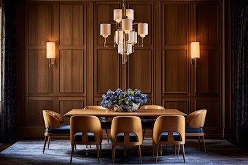 Vintage Charm: Abstract Wood Paneling Dining Rooms with Brass Lighting Fixtures & Velvet Upholstered Chairs