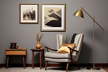 Vintage Charm: Grey Wall Art Poster Ideas with Mid-Century Furnishings and Cozy Brass Lighting