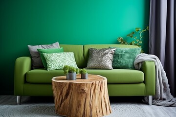 Best Wood Stump Side Table Ideas for Living Room with Grey Sofa and Green Wall Accents