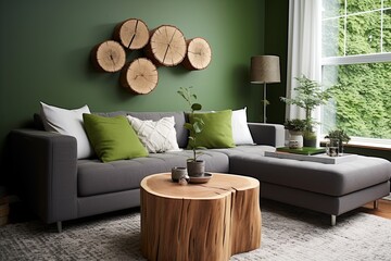 Wood Stump Side Table Ideas for Living Room: Grey Sofa with Green Wall Accents