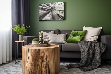 Wood Stump Side Table Ideas for Living Room with Grey Sofa and Green Wall Accents