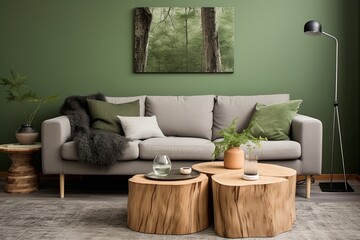 Wood Stump Side Table Ideas for Living Room with Grey Sofa and Green Wall Accents