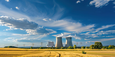 Nuclear power plant and scenic landscape with fields and blue sky