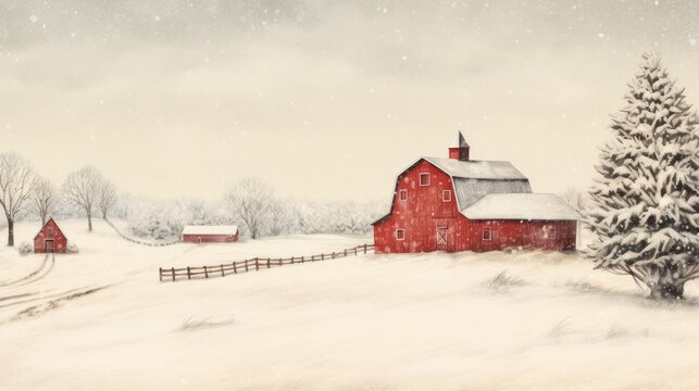 	
View of Red barn in agricultural field during snowy winter.	
