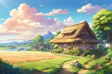 In the countryside on a sunny day during the day, there are houses with thatched roofs. Without people. In anime style - obrazy, fototapety, plakaty