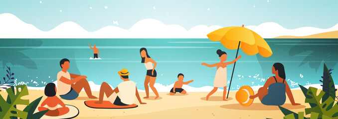 mix race tourists relaxing on tropical beach people enjoying summer vacation time to travel concept seascape background - obrazy, fototapety, plakaty