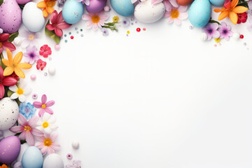 Easter background with spring flowers and colorful Easter eggs on white surface - 739623102