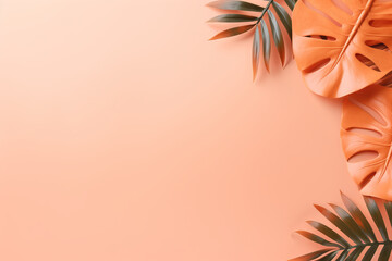 Tropical leaves frame on peach colored background, color of the year peach fuzz copy space - 739623116