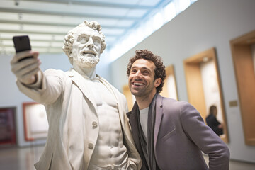 Statue taking selfie in a museum with a person, funny modern culture and tourism concept - 739623166