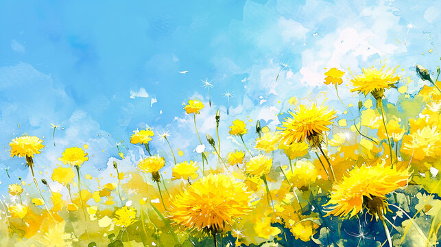 暖かみのあるタンポポと青空の水彩イラスト背景
