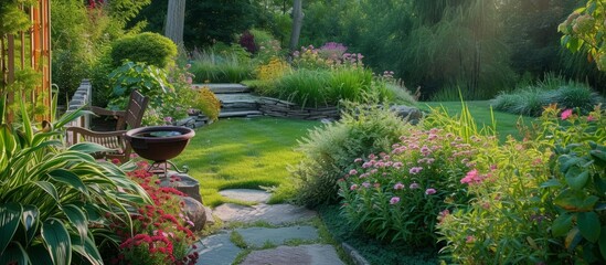 A diverse landscape garden featuring an array of terrestrial plants, trees, shrubs, and groundcovers, enhanced with vibrant flowers and lush grass, creating a beautiful natural oasis - obrazy, fototapety, plakaty