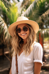 Female solo traveler in a tropical location with sunglasses and straw hat smiling in front of the tropical palms - 739623367