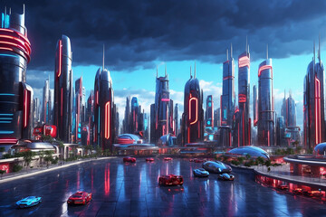 A city of the future with sophisticated designs in every building with blue and red neon lights at night, without people