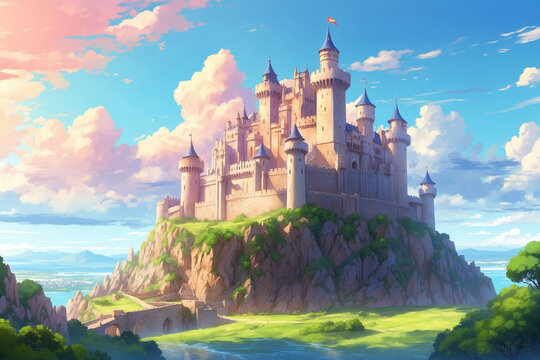Majestic castle in bright daylight, without people. In anime style