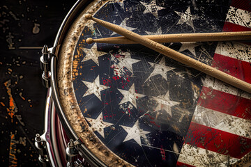 Drum snare with American flag and sticks