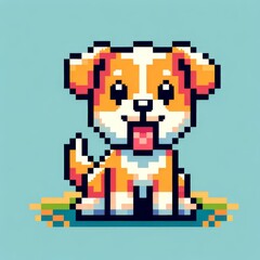 Pixel art of a dog with a green background, in the style of early 90s video game console, cute 8 bit animal illustration