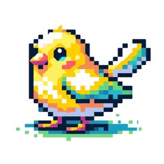 Obraz premium Pixel art of a canary bird with a white background, in the style of early 90s video game console, cute 8 bit animal illustration