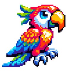 Pixel art of a parrot with a white background, in the style of early 90s video game console, cute 8 bit animal illustration
