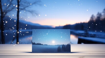 A photo on a table with a winter lake view in the background.