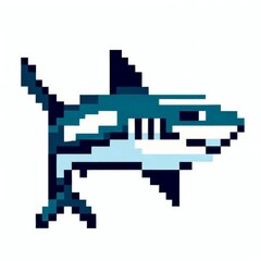 Fototapeta premium Pixel art of a shark with a white background, in the style of early 90s video game console, cute 8 bit animal illustration