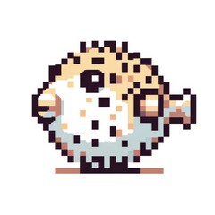 Fototapeta na wymiar Pixel art of a pufferfish with a white background, in the style of early 90s video game console, cute 8 bit animal illustration