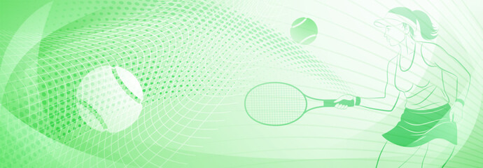 Tennis themed background in light green tones with abstract lines curves and dots, with a female tennis player in action, swinging a racket to hit the ball away