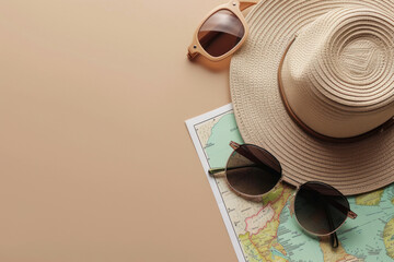 Top view hat sunglasses and map on beige background, Flat lay minimal summer holiday vacation concept