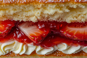 Close up of classic victoria sponge cake with cream and strawberry filling - obrazy, fototapety, plakaty