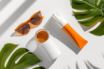 Top view natural skin care product sunlight sunscreen with sunglasses with tropical palm leaves on orange background, Flat lay minimal	
