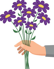 A vector bouquet of daisies is held by a man's hand. Illustration in flat style.