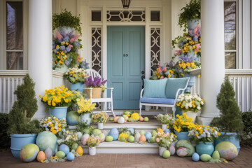 Front porch decorated for Easter with spring flowers and colored eggs, pastel colors spring decorations