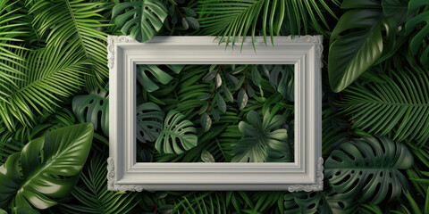 Top view flat lay white frame on tropical green leaves background