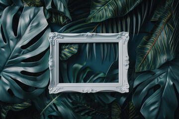 Top view flat lay white frame on tropical green leaves background