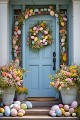 Fototapeta na wymiar Front porch decorated for Easter with spring flowers and colored eggs, wreath on the door, pastel colors spring decorations