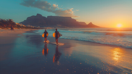 Naklejka premium Two male surfers go surfing in the sea. Two men carrying surfboards run in to the sea for surfing in Cape Town in the evening at sunset
