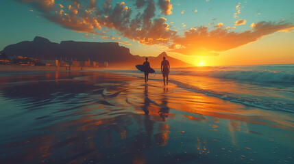Two male surfers go surfing in the sea. Two men carrying surfboards run into the sea for surfing