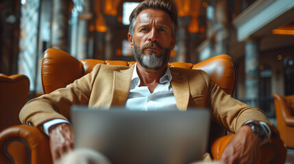 Mature businessman sitting in an office lobby with a laptop. Male executive working in the office...
