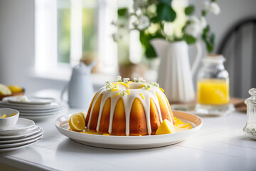 Lemon bundt cake with powdered sugar glaze on white table in a light kitchen - 739624565